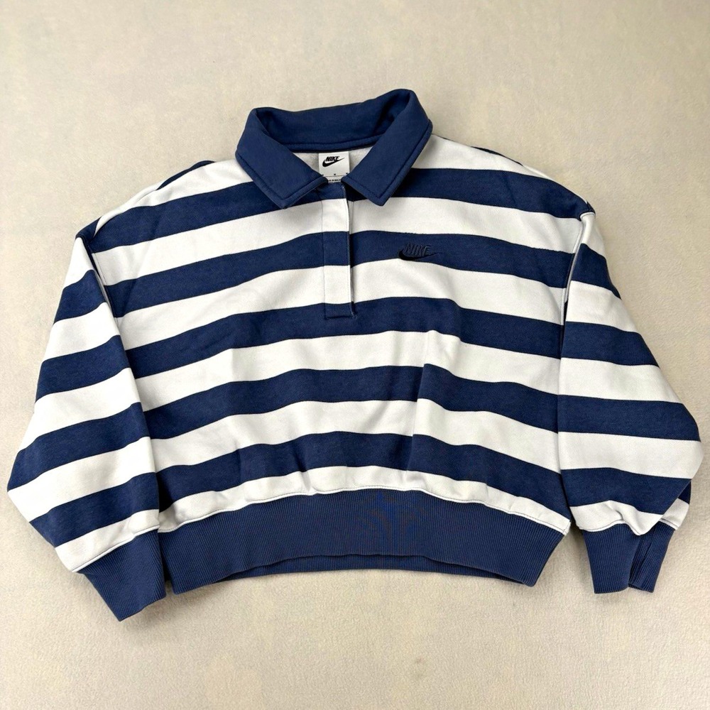 Nike Fleece Collared Pullover Sweatshirt Blue/White Striped Button Women's M